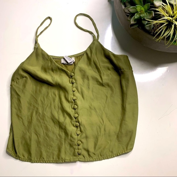 CAD olive green polyester spaghetti strap button front tank top medium - Picture 1 of 3